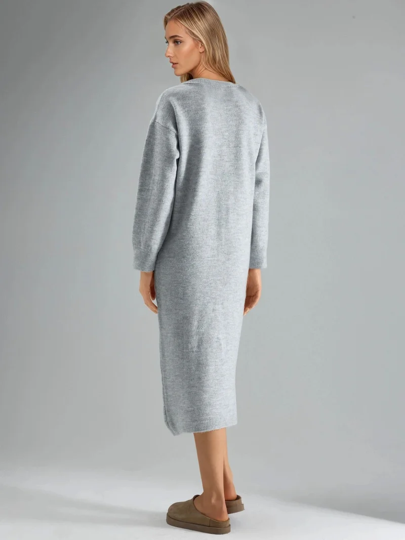 MY FASHION Grey MY FASHION Ribbed Polo Collar Maxi Knit Dress for Women | Best Price UAE